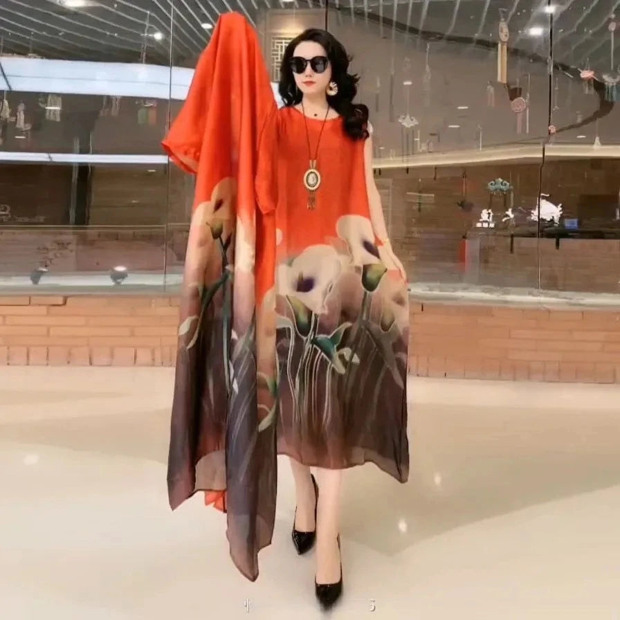 Authentic Silk Dress for Mother, Silkworm Loose Dress, High-End Print, 2-Piece Dress, Women's Dresses, Spring, Summer, New, 2023