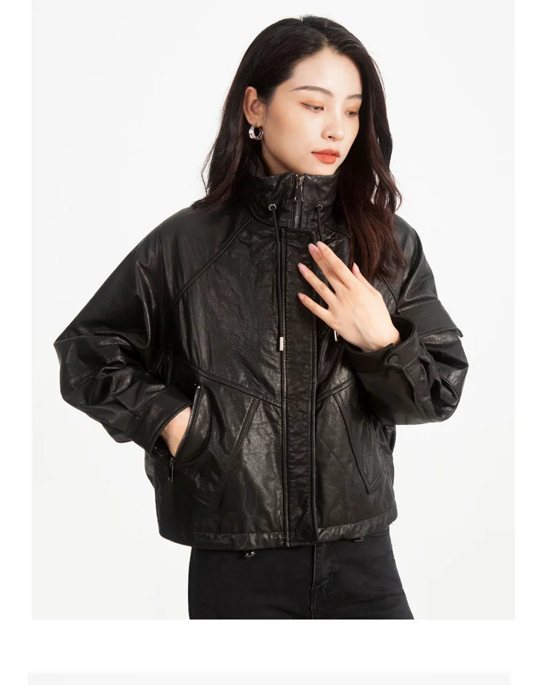 Oil Wax Sheepskin Coats for Women Winter 2024 Green/Blue/Red/Black Fahion Loose Slim Motorcycle Zipper Short Leather Jacket