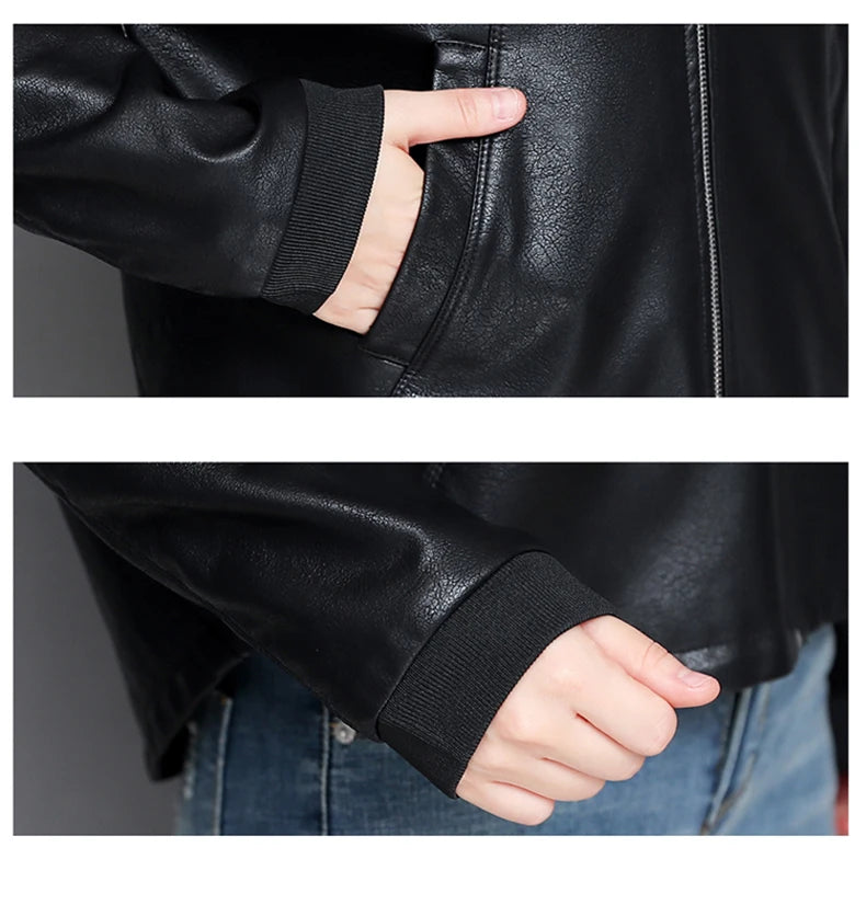 New Women Casual Leather Jacket Spring Autumn Fashion Hooded Zipper Split Leather Loose Outerwear Short Sheepskin Tops Coat