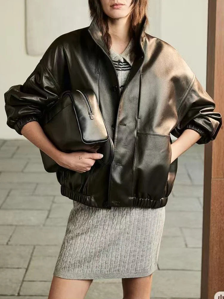 Imported Lightweight Leather Jacket for Women Modern Genuine Sheepskin Stand Up Collar Short Silhouette Coat Winter Tops Mujer