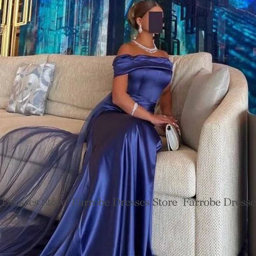 Saudi Arabia Dresses for Special Occasions Satin Sheath Formal Evening Dress Dark Royal Blue Off-the-shoulder Pleat Prom Gown