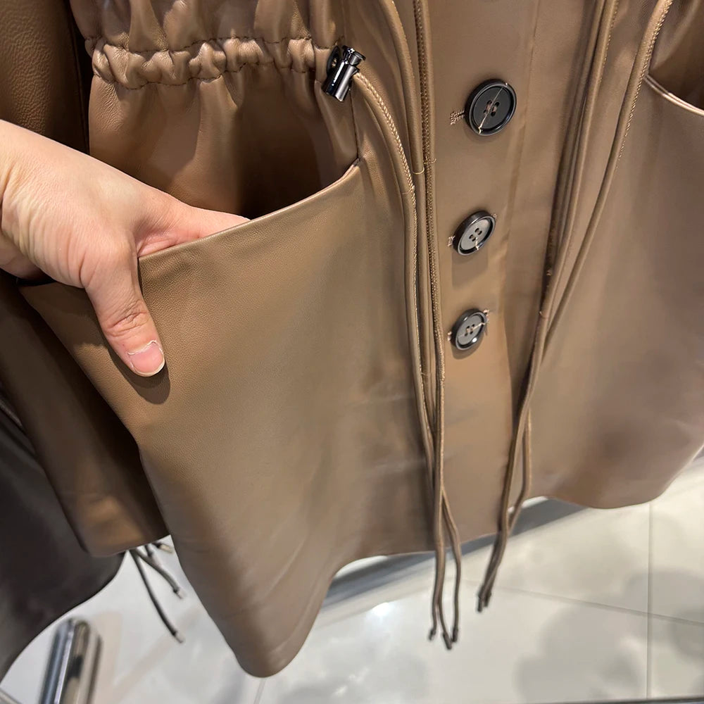 YOLOAgain Women's Leather Jacket Genuine Sheepskin Coat Single Breasted