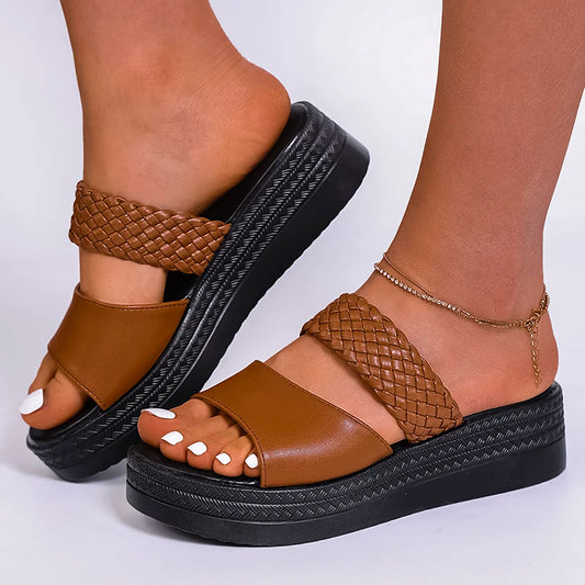 Women's Brown Woven Platform Sandals Non Slip Thick Sole Outdoor Slippers Woman Plus Size 43 Wedge Heels Summer Shoes Footwear
