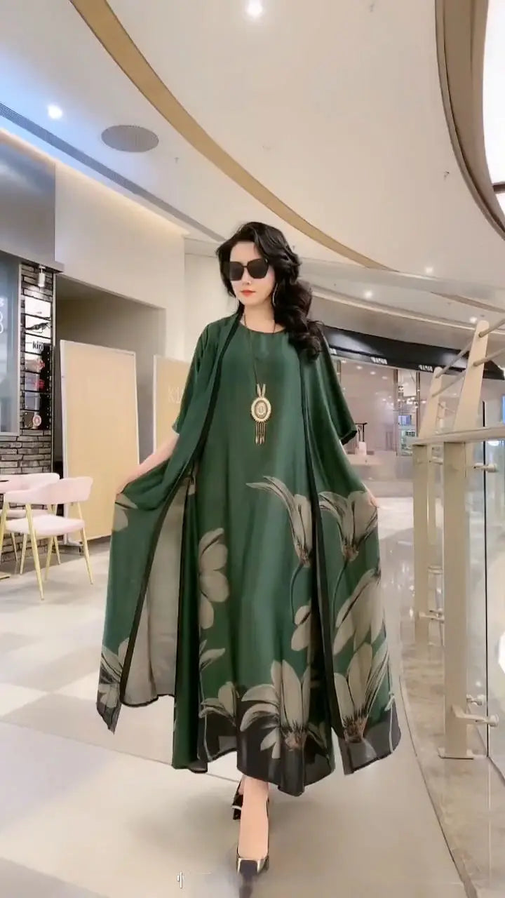 Authentic Silk Dress for Mother, Silkworm Loose Dress, High-End Print, 2-Piece Dress, Women's Dresses, Spring, Summer, New, 2023