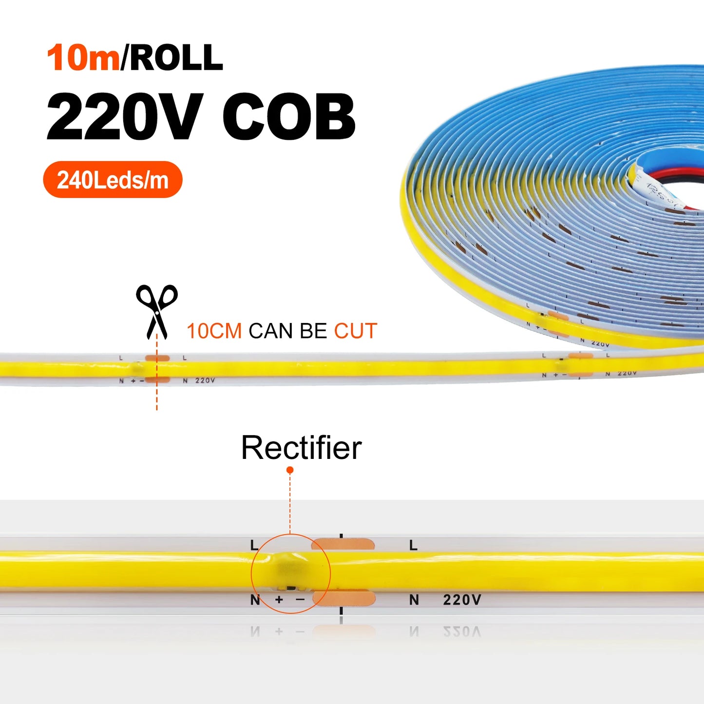 AC 220V COB Strip 240Leds/M 5M 10M 20M 50M/Roll Red/Green/Ice Blue/Pink/White/Purple Flexible Ribbon LED Light For Home Decor