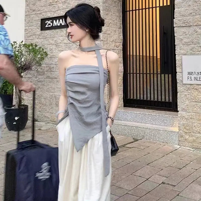 Women's Summer 2025 Off-Shoulder Bustier Top with Asymmetric Design for Commuting and Stylish Outfits