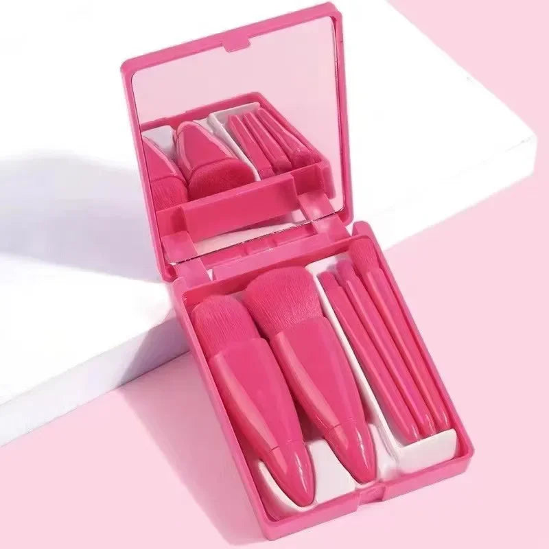 5Pcs Portable Makeup Brush Set With Mirror -  Foldable Travel Kit, Mini Makeup Brush Set Travel Makeup Brush Set