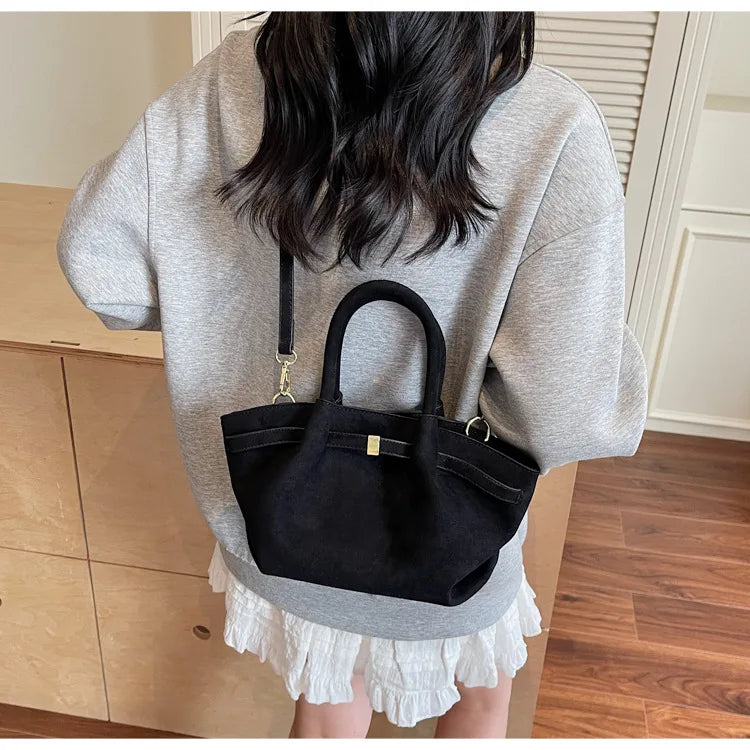 Matte Leather Suede Tote Handbags for Women Large Capacity Retro Shoulder Bag Fall Winter Belt Design Female Crossbody Bags