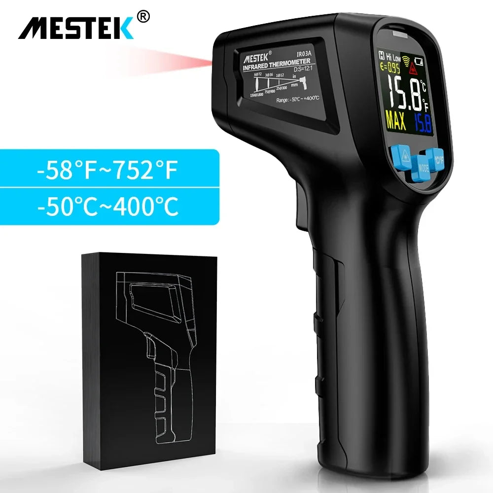 Mestek IR02C Infrared Thermometer C/F Non Contact Pyrometer Temperature Meter Digital Laser Thermometer with temperature probe