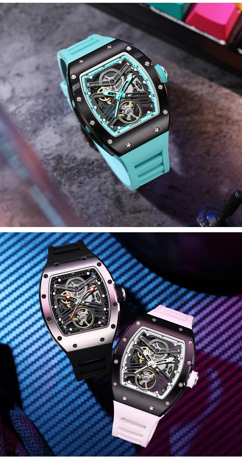 Automatic mechanical watch outdoors simple luxury watches waterproof wholesale skeleton leather mens watch gift