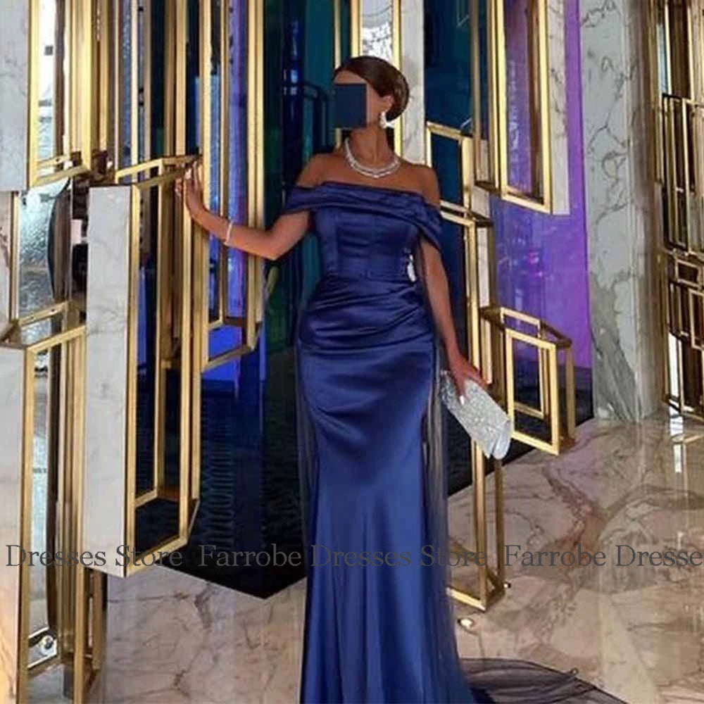 Saudi Arabia Dresses for Special Occasions Satin Sheath Formal Evening Dress Dark Royal Blue Off-the-shoulder Pleat Prom Gown