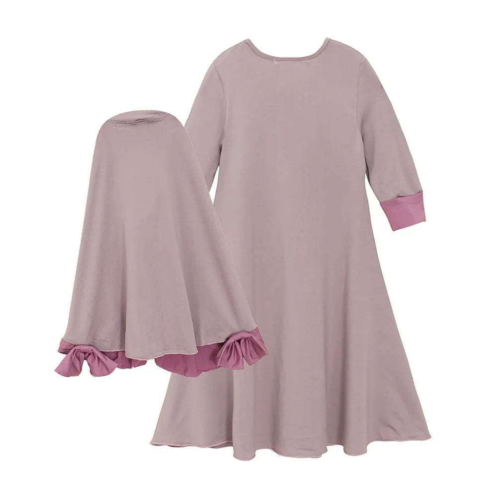 Islamic Muslim Kids Girls Prayer Dress Burka Kaftan Abaya Ramadan Robe Arab Middle East Clothes 2pcs Set Bow 2 Color Patchwork