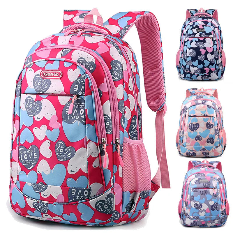 Student Boys And Girls School Bags Love Heart Printed Student Shoulder School Bags 1-6 Grade Light Weight Double  Shoulder Bags