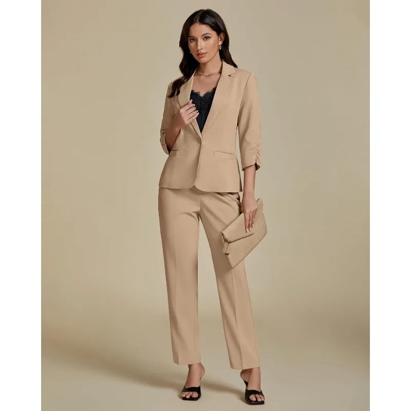 Pant Suits for Women Dressy 2 Piece Business Casual Outfits 3/4 Sleeve Blazer Straight Leg Pant Sets Office Work
