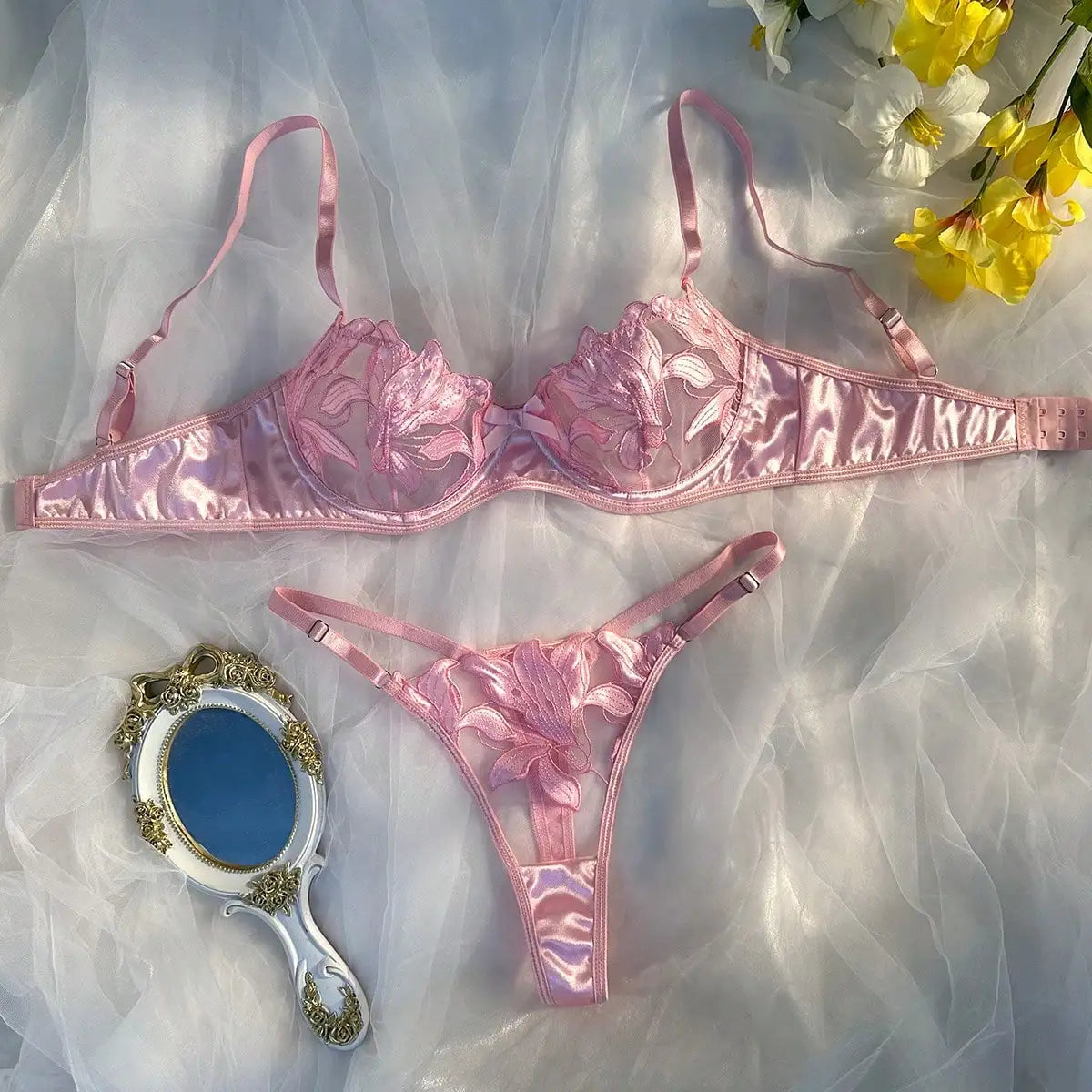 Lingerie Set Sheer Lace Underwire Push Up Bra & Thong Sexy Transparent Embroidery Underwear Kits for Women