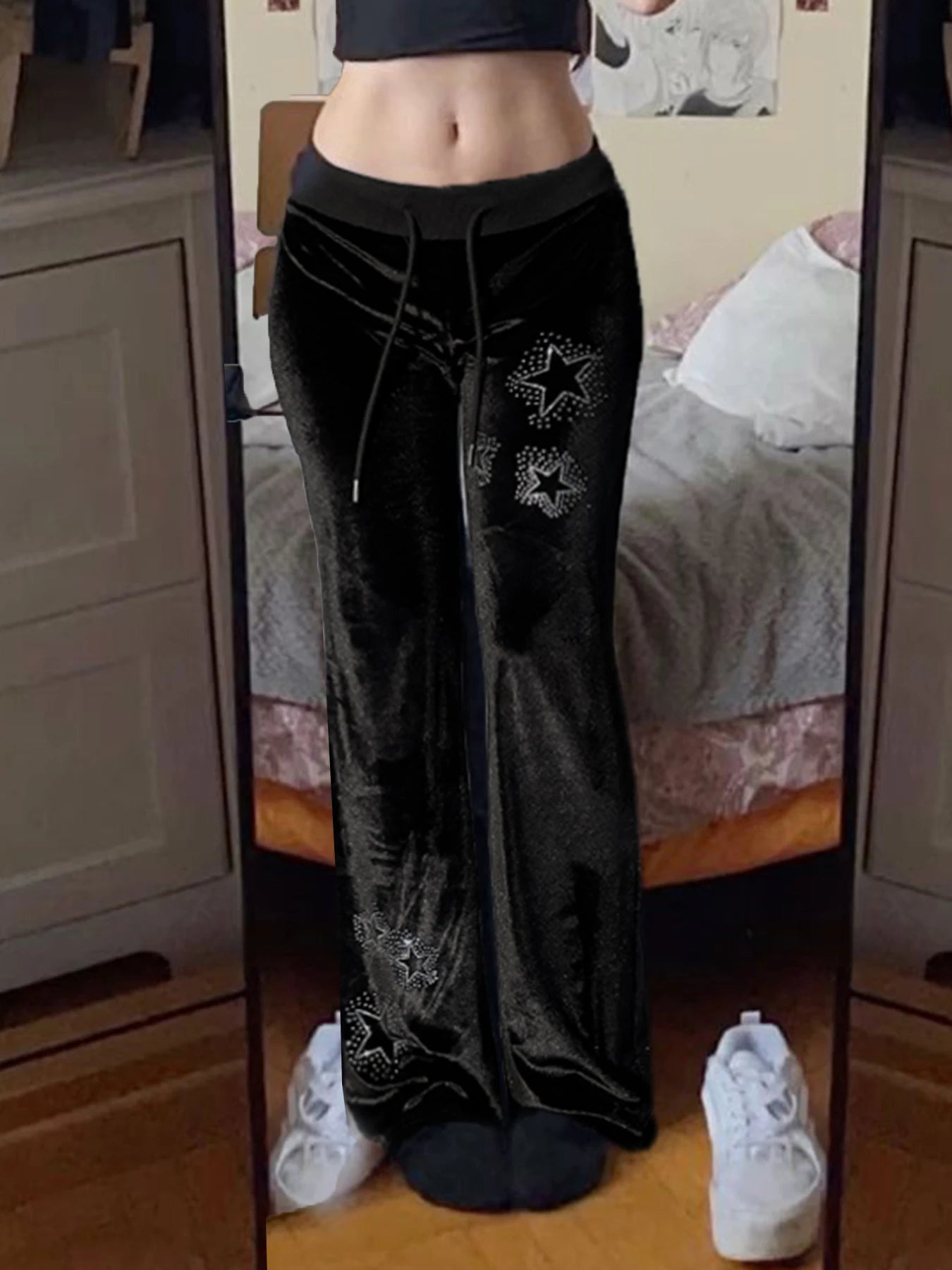 AltGoth Y2k Streetwear Gothic Velvet Pants Women Dark Cyber Punk Harajuku Grunge Pentagram Printed Low Waist Stright Pants Femme