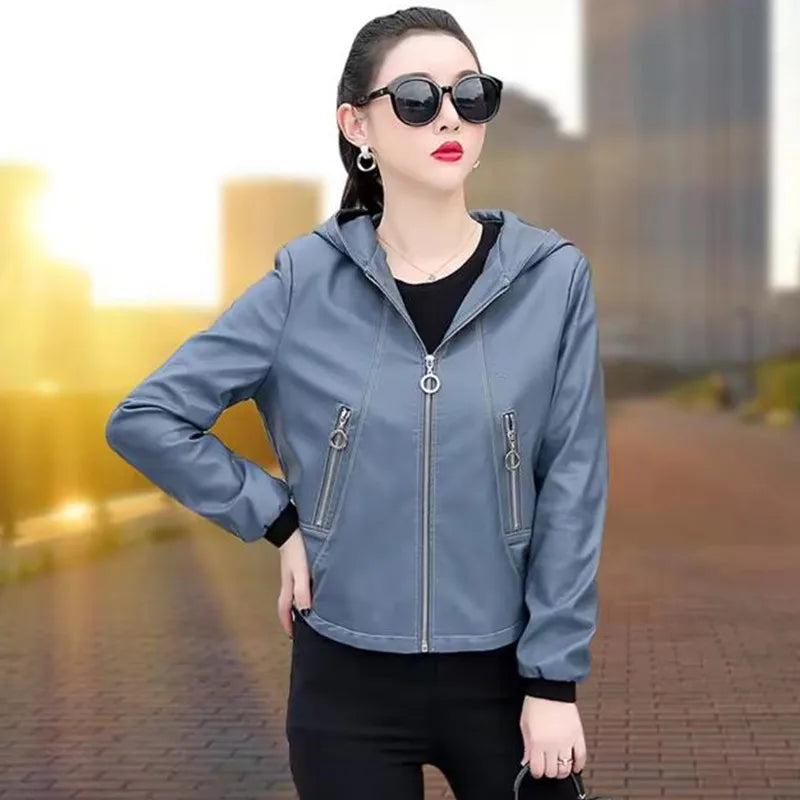 New Women Casual Leather Jacket Spring Autumn Fashion Hooded Zipper Split Leather Loose Outerwear Short Sheepskin Tops Coat