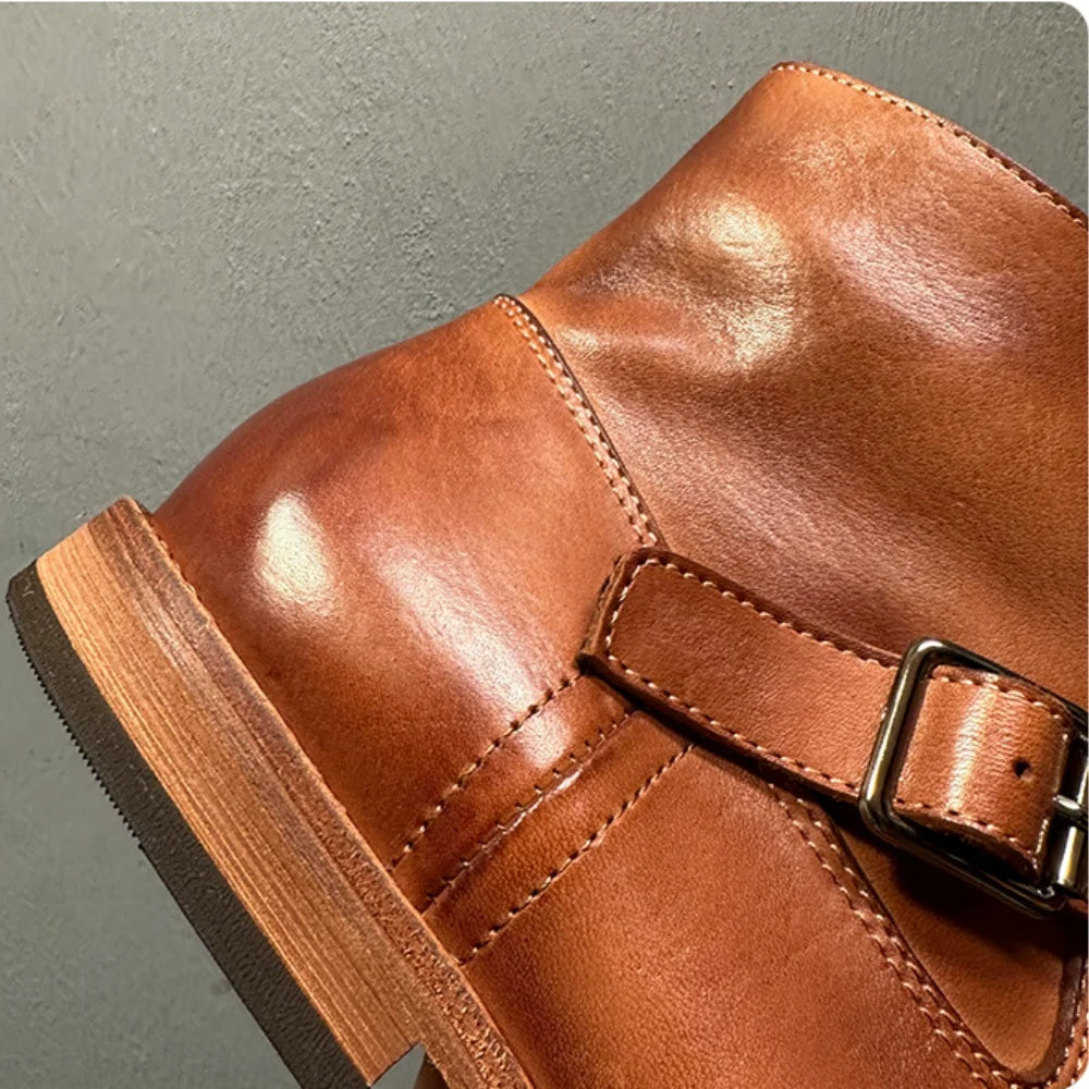 Handmade horsehide casual ankle boots Chelsea boots for men genuine leather sole adjustable strap decoration zip business style