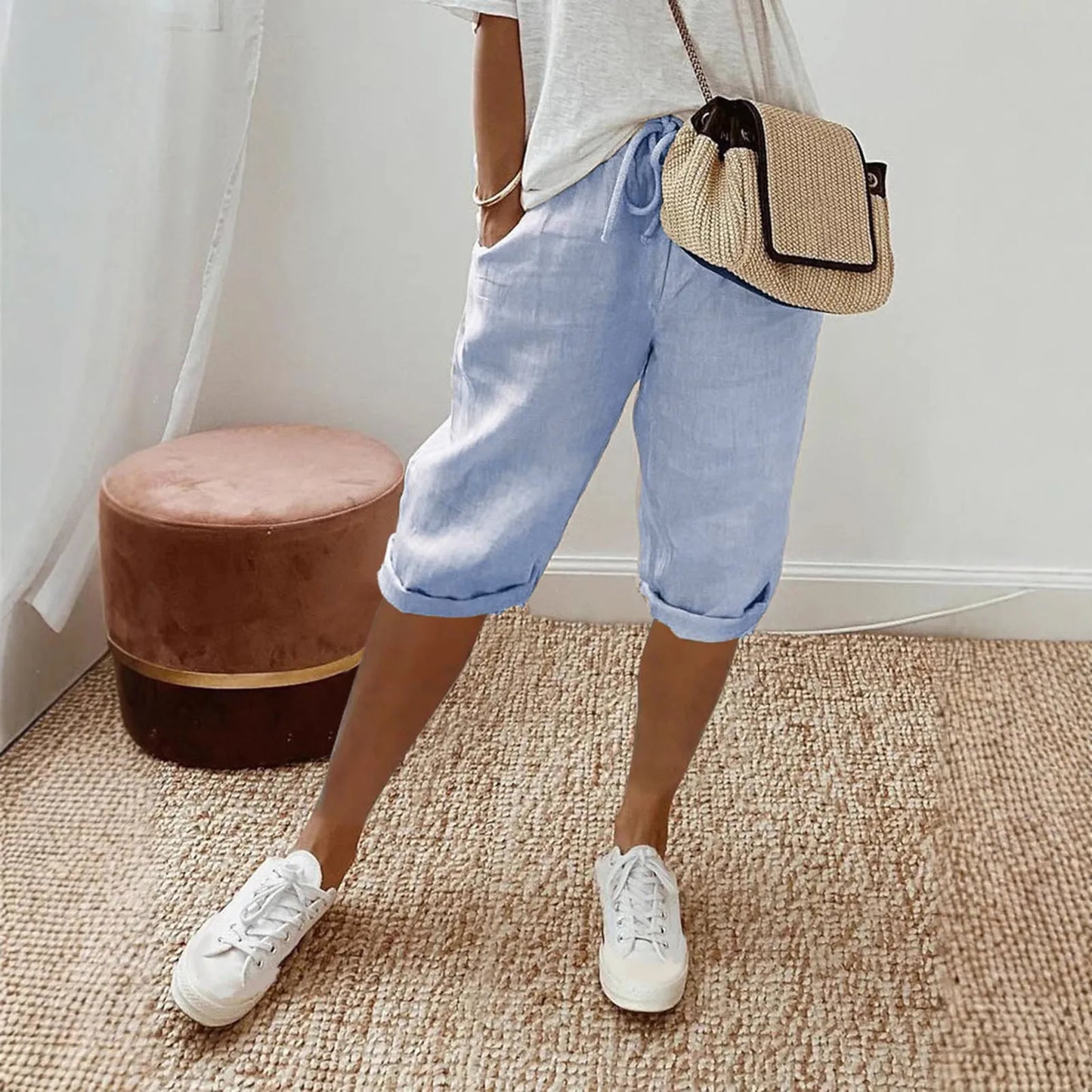 Spring Summer Women's Cotton Linen Trousers Pants Solid Elastic Waist Oversized Pants Women Straight White Homewear Trousers 3XL