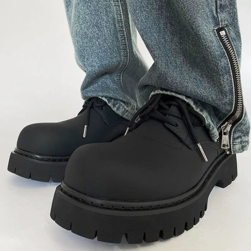 Men's Leather Shoes Black Thick Sole Round Toe Platform Male Casual Derby Shoe Cowhide Classic Original Legitimate Designer Pu