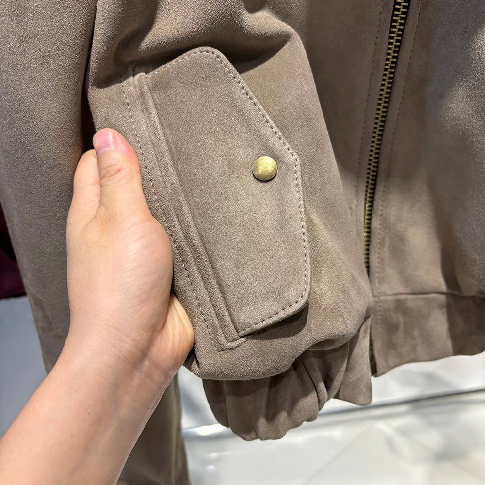 YOLOAgain Suede Leather Jacket Coat Women Real Leather Cropped Jacket Bomber Jacket 2025 Autumn