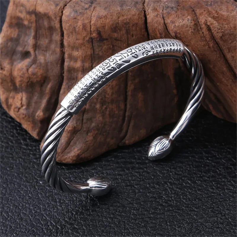 Sterling Silver Personality Retro Six-Character Mantra Leather Bracelet Fashion Woven Men's Bracelet