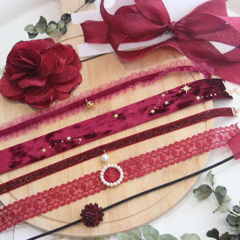 5 Pieces Sweet Pink Lace Choker Necklace Set for Women with Flower Pearl Dangle Clavicle Jewelry Accessories Gift for Girls