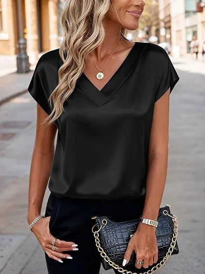 Women's Summer New T-shirt Casual V-Neck Short Sleeve Blouse Business Casual Tops Satins Silk Summer Shirt Work Solid Color Tops