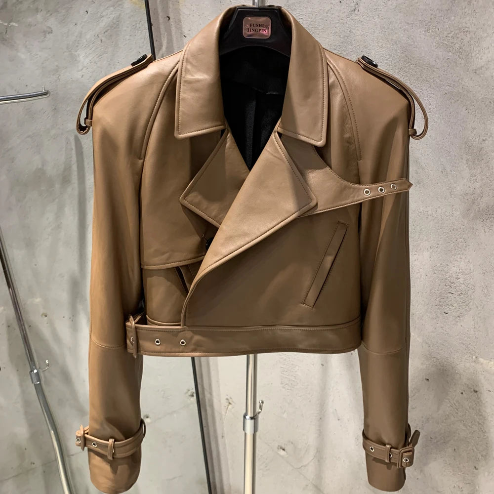 Female Leather Jacket Women Winter Genuine Sheep Leather Coat Wide Shoulder Paddad 23012
