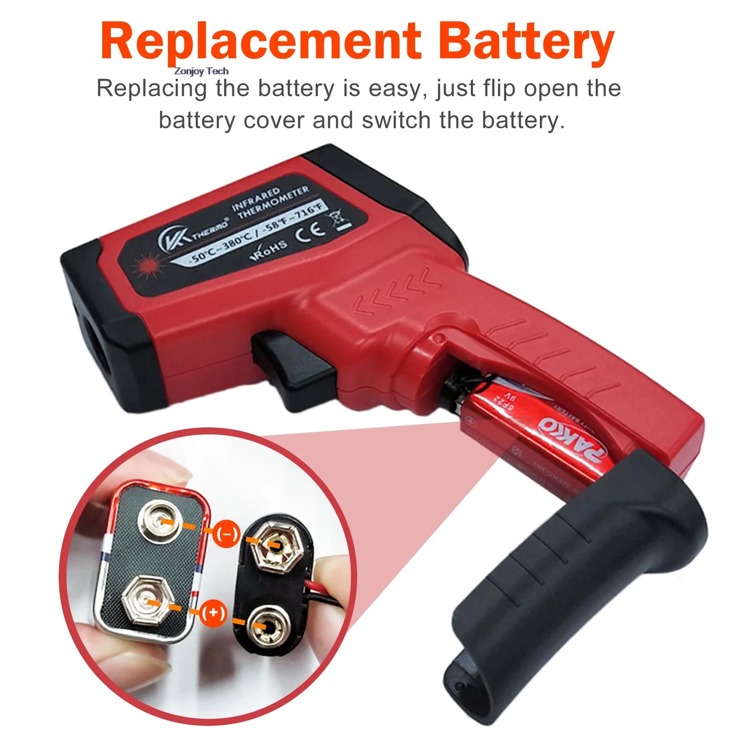 Digital infrared thermometer, non-contact industrial laser temperature gun, temperature range from -50 to 380 degrees Celsius.