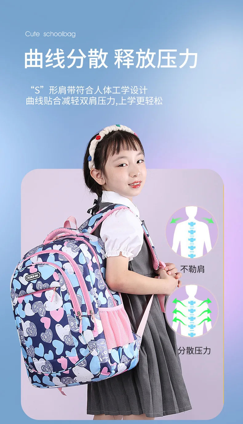 Student Boys And Girls School Bags Love Heart Printed Student Shoulder School Bags 1-6 Grade Light Weight Double  Shoulder Bags
