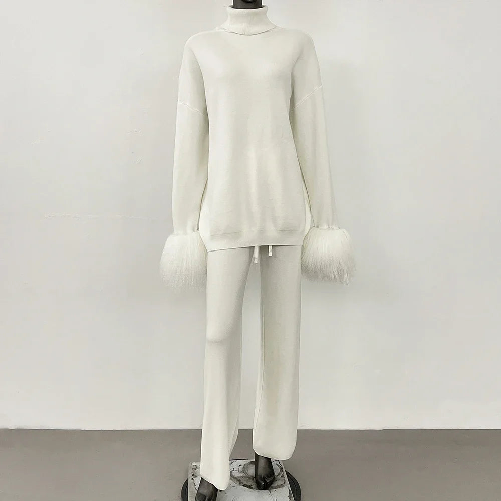 Coat Women Knitted Suit Women's Sweater Set Real Mongolian Sheep Fur Cuffs High Quality Wool & Blend Knitted Pullover and Pants