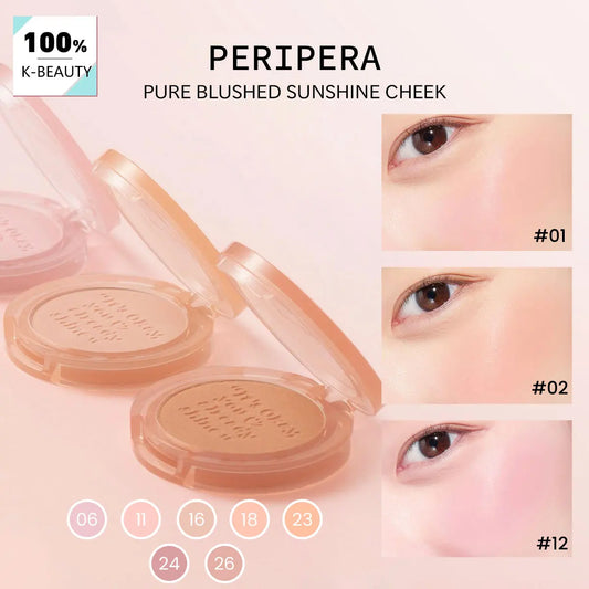 PERIPERA PURE BLUSHED SUNSHINE CHEEK,Silky Powder Blush,Natural Healthy Glow,Soft-Focus Matte Finish,K-Beauty,Korean Makeup