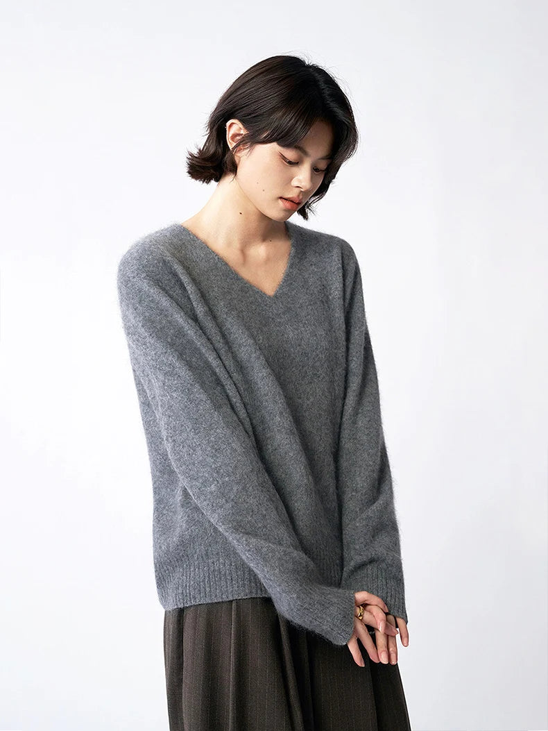 SuyaDream, Women Fleece Pullovers, V Neck, 3.8%Cashmere 96.2%Wool, Chic Warm Sweaters, 2025 Fall Winter Solid Top, Camel, Olive