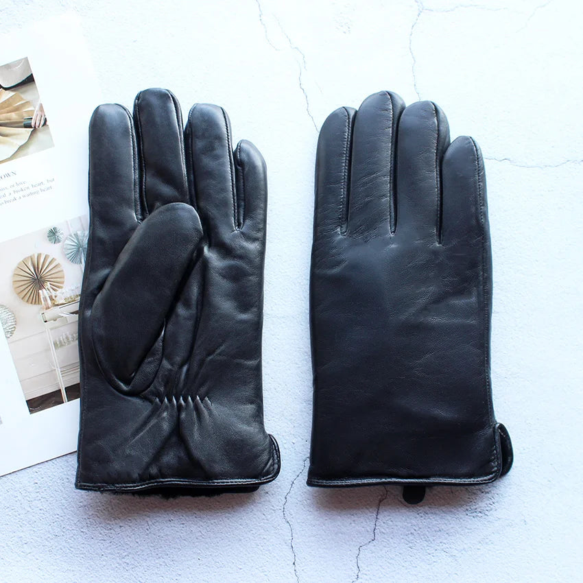 Winter Thick Sheepskin Fur Lining Warm Goatskin Gloves Men's Deerskin Pattern Leather Sheep Shearing Cold-Proof Finger Gloves