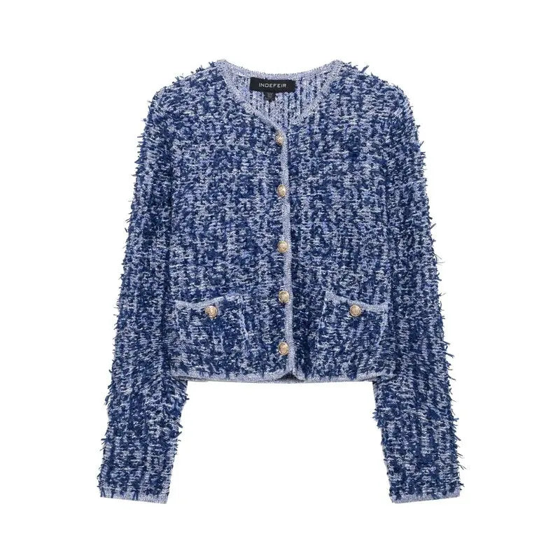 Spring 2025 Women's Faionable Knitted Long Sve round Ne Interwoven Outerwear Versatile Straight Cut Length Regular