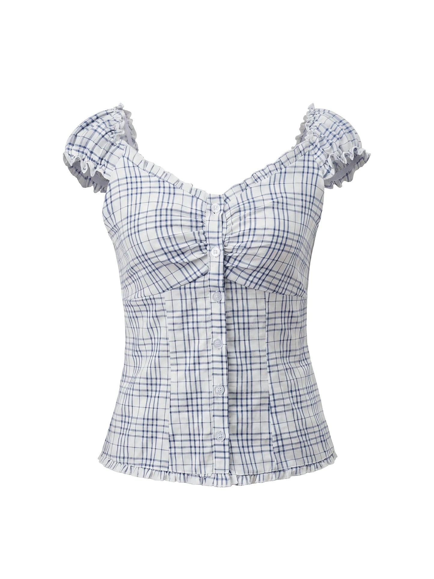 Women Summer Y2K Babydoll Crop Top Fairy Grunge Button Up Shirt Cap Sleeve Slim Fit Ruffle Hem Coquette Top