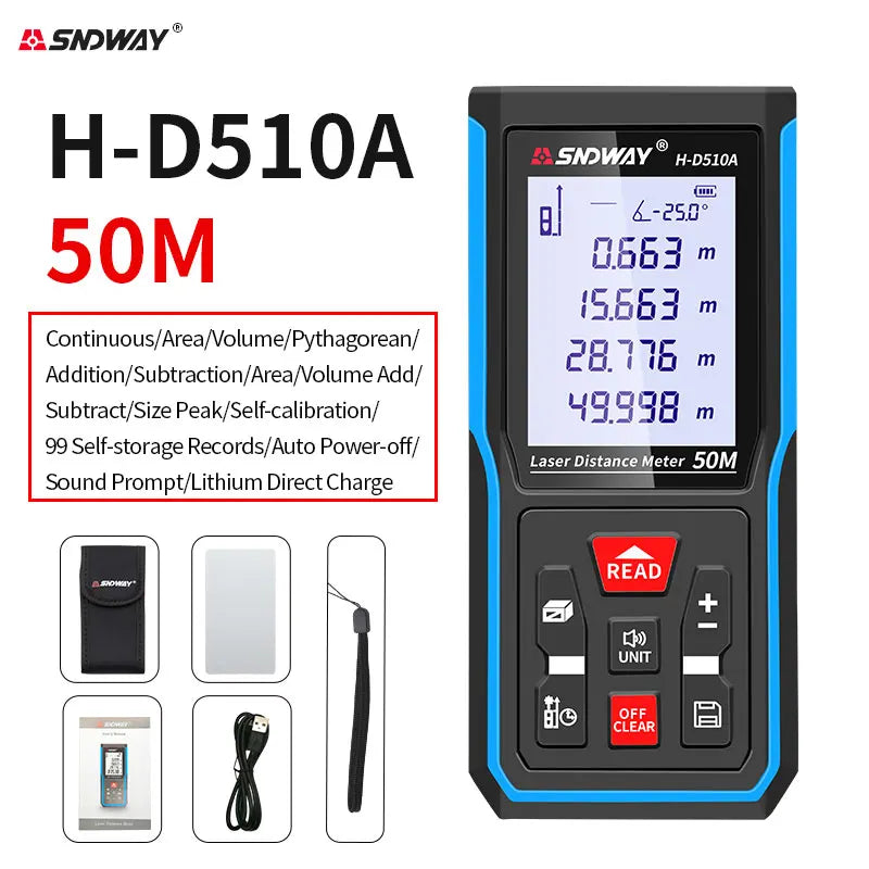 SNDWAY Laser Distance Meter 50m 70m 100m 120m Rangefinder Digital Range Finder Trena Roulette Ruler Distance Measuring Tape