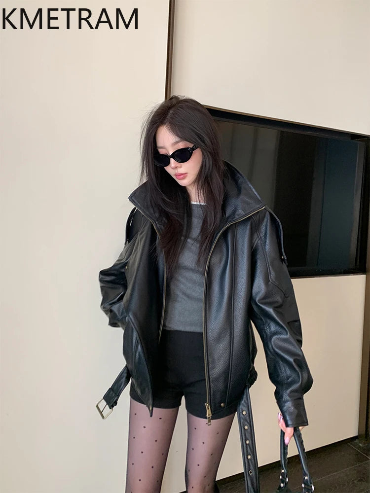 100% Real Sheepskin Jacket Woman Brown Biker Genuine Leather Jackets High Quality Outerwears Fall Clothes 2025 Women дубленка