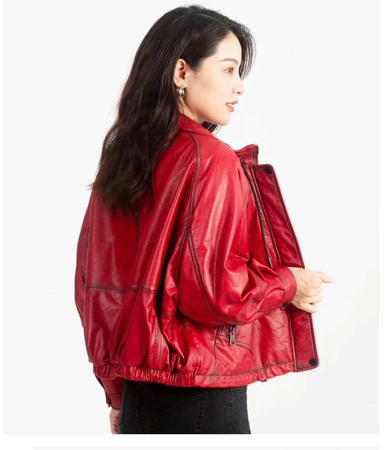 Oil Wax Sheepskin Coats for Women Winter 2024 Green/Blue/Red/Black Fahion Loose Slim Motorcycle Zipper Short Leather Jacket