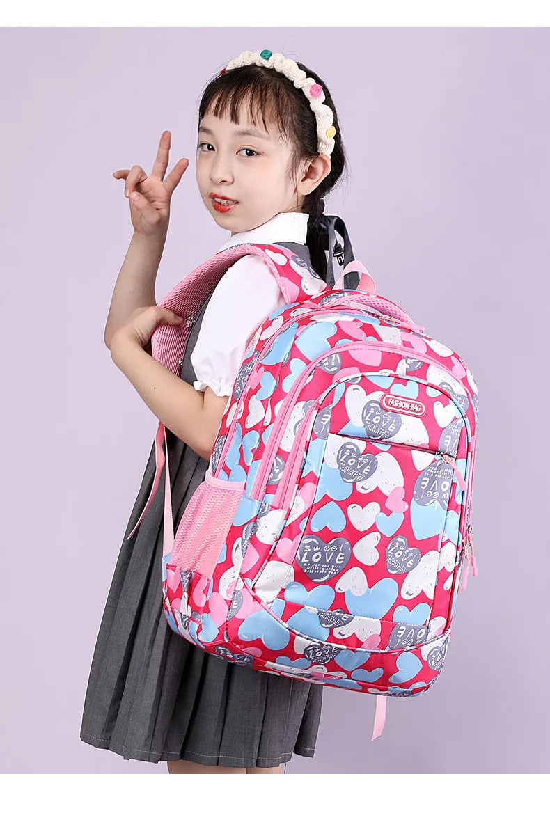 Student Boys And Girls School Bags Love Heart Printed Student Shoulder School Bags 1-6 Grade Light Weight Double  Shoulder Bags