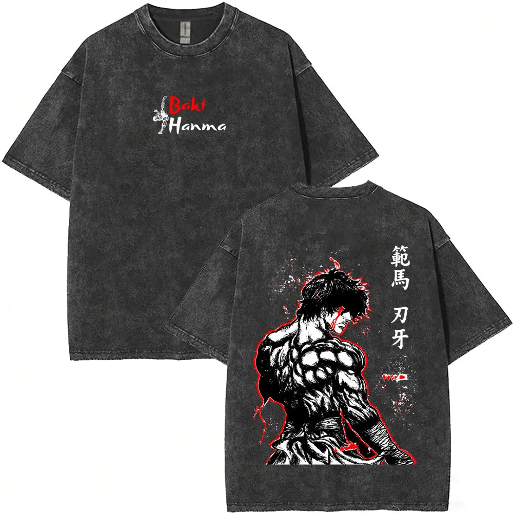 Washed Vintage Anime Baki Hanma Wake Up T-shirt Men Women Retro Manga Oversized T-shirts Men's Casual Cotton T Shirts Streetwear