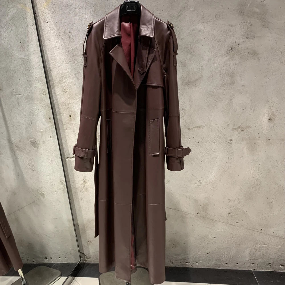 Gold Leather Coat Long Ladies Real Sheepskin Coat Genuine Sheep Leather Windbreak Long 21018