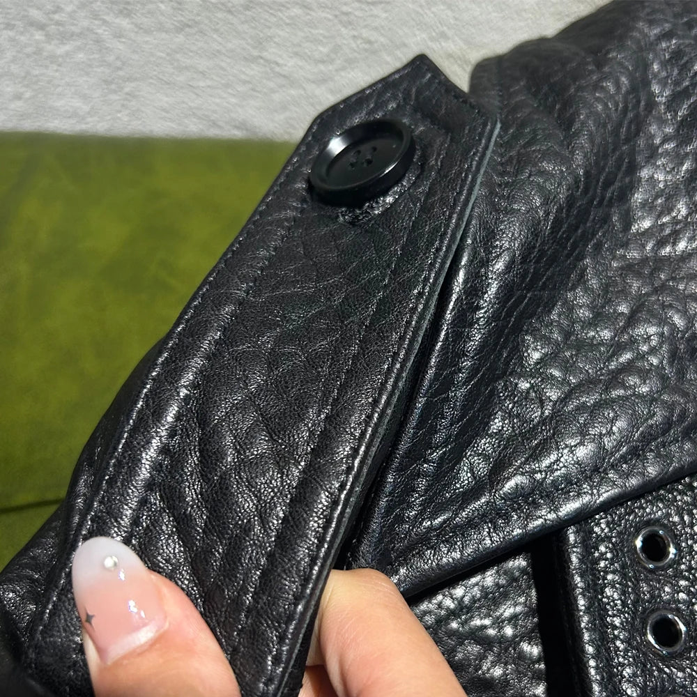 Elegant Black Leather Jacket Women Grained Sheep Leather Jackets New Style Lace-up Leather Jacket