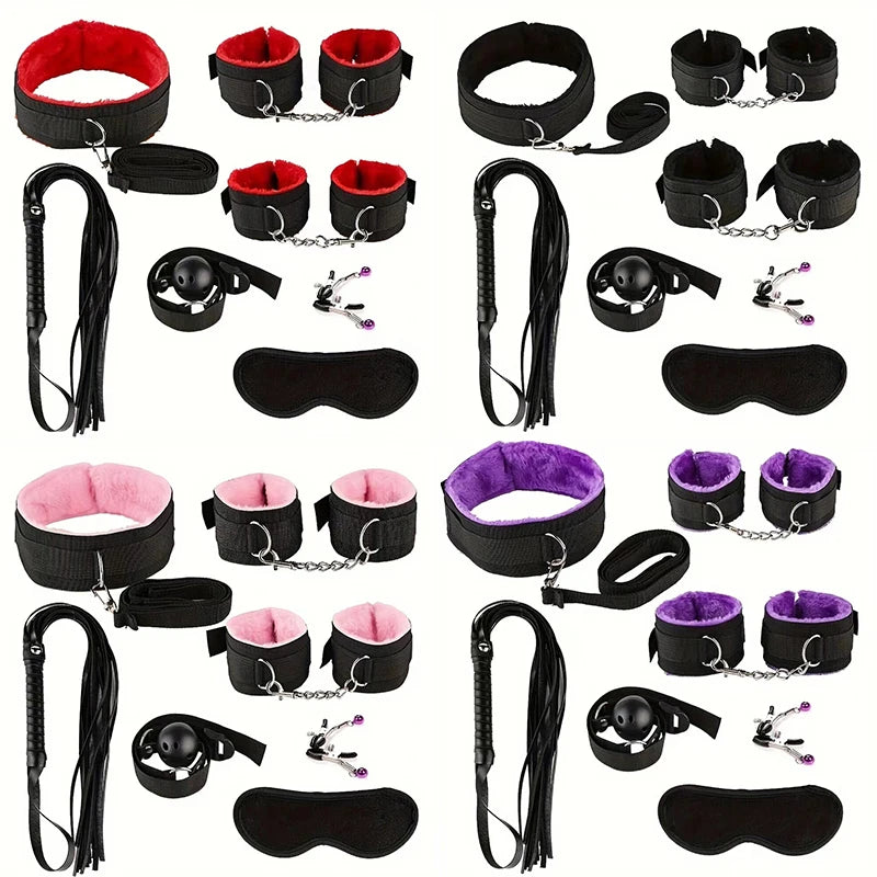 Sex Toy BDSM Kits Plush Bondage Set Handcuffs Sex Games Whip Gag Nipple Clamps Toys For Couples Exotic Accessories No Vibrator