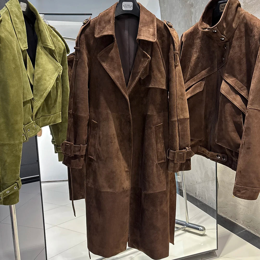 YOLOAgain High Quality Real Leather Trench Coat Women Genuine Leather Jacket Windbreak Female