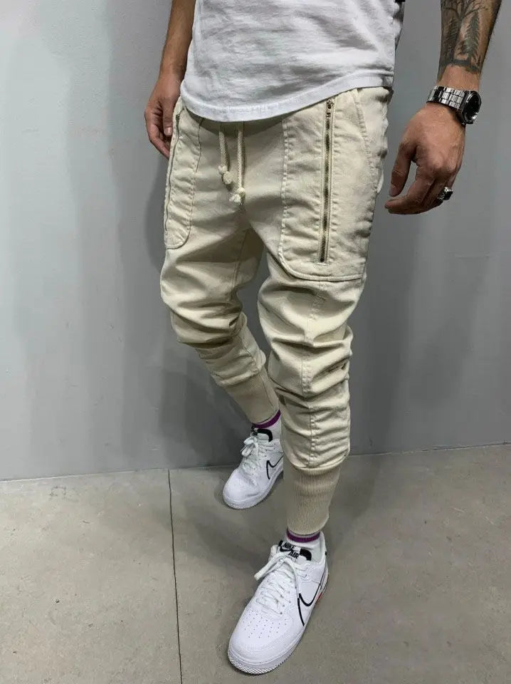 Casual Workwear Pants Men's Zipper Pencil Joggers Sweatpants Street Style Elastic Waist Summer Polyester Fiber