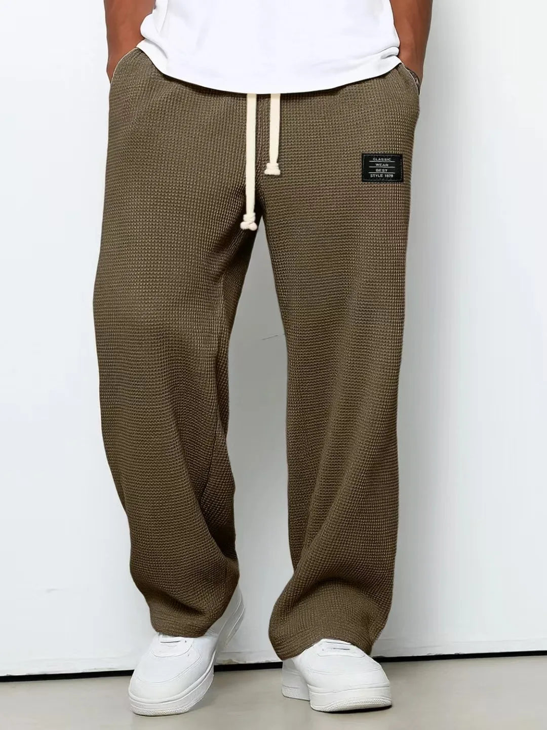 Men's spring-autumn trendy brand loose-fitting stretchy straight-leg sweatpants. Waffle fabric. Micro-bouncy sporty casual pants