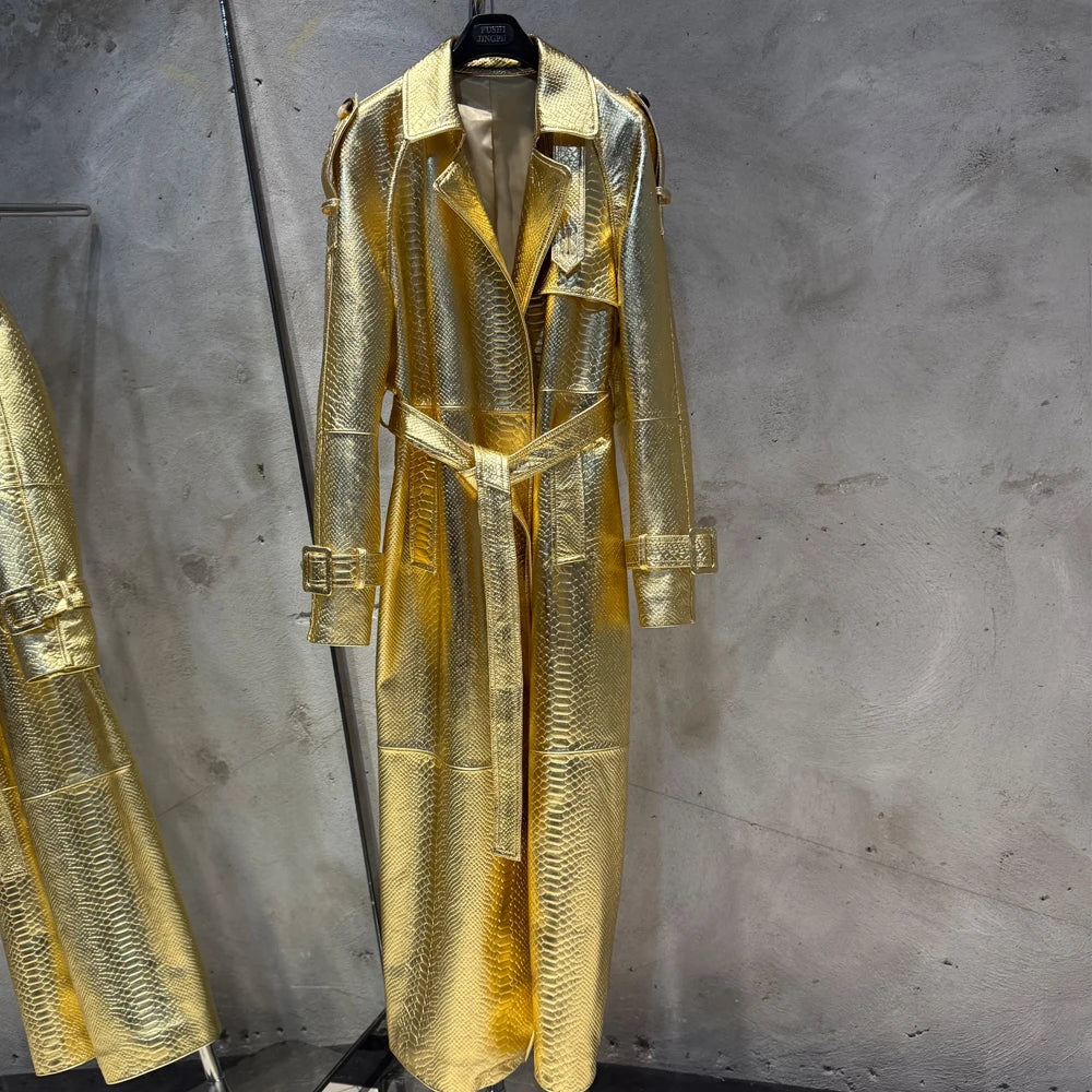Gold Leather Coat Long Ladies Real Sheepskin Coat Genuine Sheep Leather Windbreak Long 21018