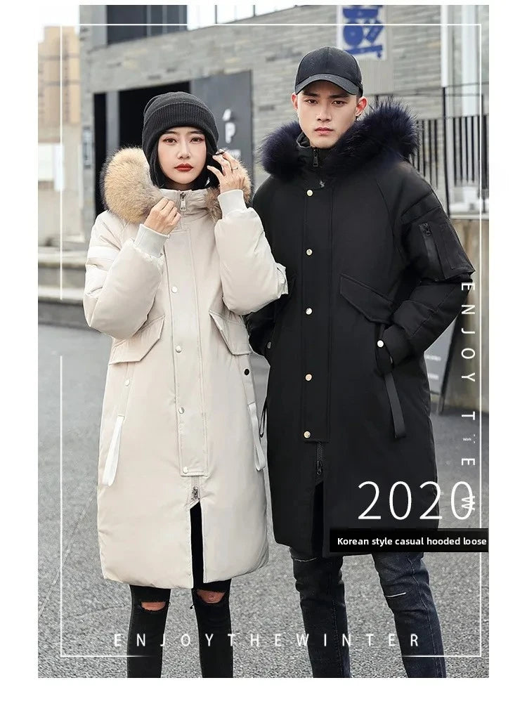 New Winter Down Jacket Men's Couple Fashion Big Fur Collar Medium and Long Youth Pie To Overcome Warmth and Thickening Tide